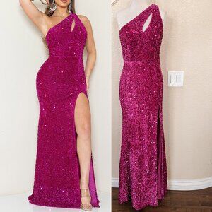 Fuchsia Pink Sequin One Shoulder Formal Prom Evening Dress 6